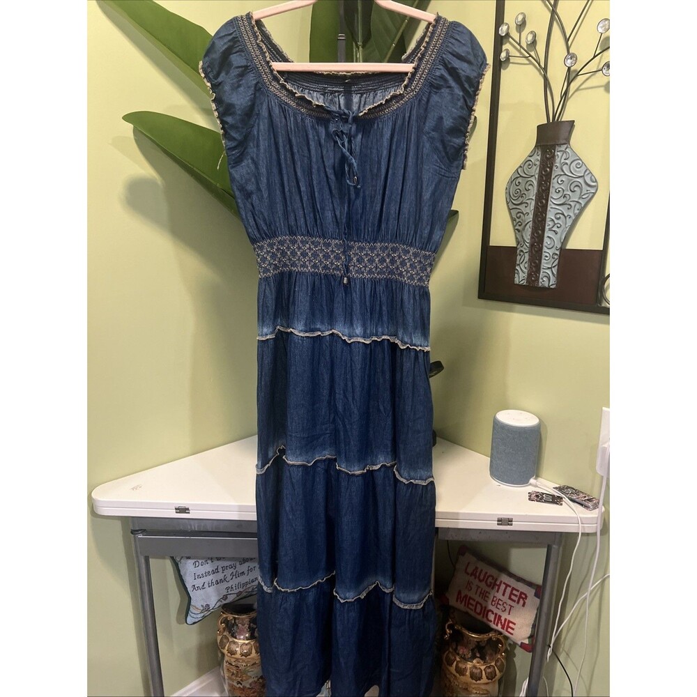 Indigo & Lace Blue Embroidered Tiered  Peasant Boho Long Dress Size M